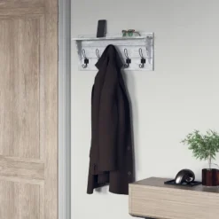 Emma And Oliver Rustic Country Wall Mounted Entryway Shelf With 5 Rustic Hooks And Wood Construction