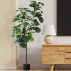 Forever Leaf 72" Artificial Fiddle Tree In Black Pot 2 Stem, Indoor Artificial Plant For Home Decor -Decor Vista GUEST 07aac8a5 99ee 4988 a42c 50fb2a711463