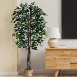 Forever Leaf 72" Artificial Ficus Silk Tree In Wicker Basket, Indoor Artificial Plant For Home Decor -Decor Vista GUEST 0a3469a2 ef07 4923 8934 a05600f74f13