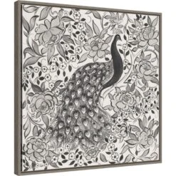 22" X 22" Peacock Garden III BW By Miranda Thomas Framed Canvas Wall Art Gray Wash - Amanti Art