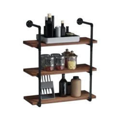 HOMCOM 3-Tier Industrial Pipe Shelves, Floating Wall Mounted Bookshelf, Metal Frame Display Rack For Living Room Or Bedroom, Rustic Brown -Decor Vista GUEST 184c16df 276e 456b 99c5 57284a39ed51