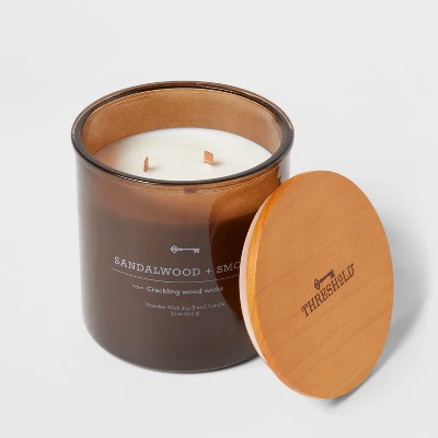 23oz XL 3-Wick Sandalwood + Smoke Wooden Amber Glass With Wood Lid And Stamped Logo Amber - Threshold™ 4 23oz XL 3-Wick Sandalwood + Smoke Wooden Amber Glass With Wood Lid And Stamped Logo Amber - Threshold™ - Image 2