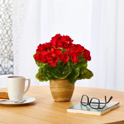 11" Indoor/Outdoor Geranium Artificial Plant In Ceramic Planter Red - Nearly Natural 3 11" Indoor/Outdoor Geranium Artificial Plant In Ceramic Planter Red - Nearly Natural