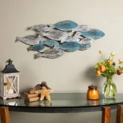 35.75" X 14.75" School Of Fish Metal Wall Art Sculpture Blue/Green/Silver - Danya B.