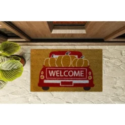Kate Aurora Fall Harvest Welcome Pumpkin Truck Bristled Outdoor Welcome Mat - 18"x30"