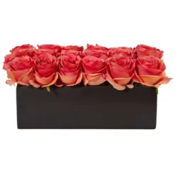 Nearly Natural 6-in Dozen Silk Roses In Ceramic Rectangular Planter -Decor Vista GUEST 38bb6b8b 0d8a 4135 b091 60141f931e9f