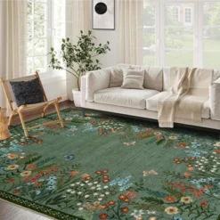 8x10 Washable Rugs Non Slip - Large Floral Area Rug For Living Room, Bedroom (Green)
