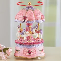 Collections Etc Pink Ceramic Carousel Music Box With Golden Accents 3.75 X 3.75 X 6.5 Pink