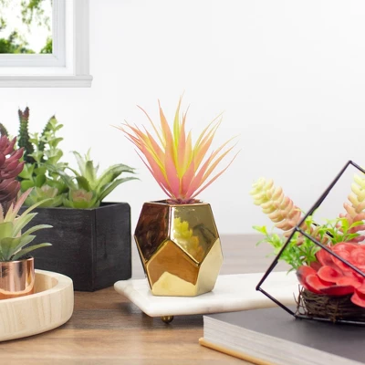 Northlight 8" Green Artificial Sword Grass In A Gold Geometric Pot 3 Northlight 8" Green Artificial Sword Grass In A Gold Geometric Pot