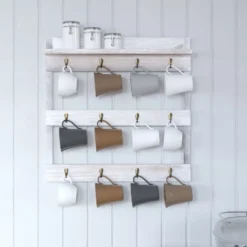 Merrick Lane Steeley Wooden Wall Mount Mug Rack Organizer With Upper Storage Shelf And Metal Hanging Hooks With No Assembly Required -Decor Vista GUEST 5347eef2 45da 4a9a a654 db3b6f4db528