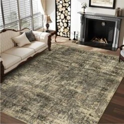 8x10 Rugs Washable Non-Slip - Vintage Floral Area Rug, Large Distressed Carpet, Soft Low Pile Machine Washable Rug (Green) -Decor Vista GUEST 55543dec c659 4f85 a4b7 8621a770e14d
