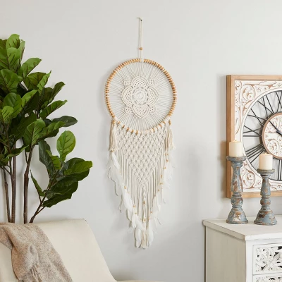 Cotton Macrame Handmade Intricately Woven Dreamcatcher Wall Decor With Beaded Fringe Tassels White - Olivia & May 8 Cotton Macrame Handmade Intricately Woven Dreamcatcher Wall Decor With Beaded Fringe Tassels White - Olivia & May - Image 6