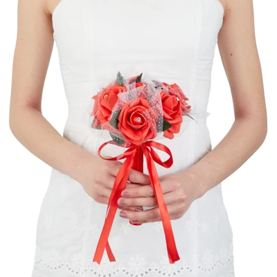 Sparkle And Bash Red Artificial Roses Foam Bouquet For Bride & Bridesmaids, Faux Fake Flowers For Wedding Party Decorations, 9.5 In 4 Sparkle And Bash Red Artificial Roses Foam Bouquet For Bride & Bridesmaids, Faux Fake Flowers For Wedding Party Decorations, 9.5 In - Image 2