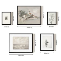 Americanflat 5 Piece Vintage Gallery Wall Art Set - Seaside Villa, Seascape In Greys, Calm Sailing, Tree Etching By Maple + Oak -Decor Vista GUEST 5a47bccc 687b 4276 9cfd 72d8f1ca940f