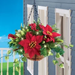 Collections Etc Hanging Artificial Evergreen Poinsettia And Pine Basket 12 X 12 X 17