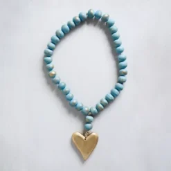 Storied Home Mango Wood Bead Strand With Gold Heart Pendant, Aqua
