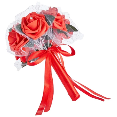 Sparkle And Bash Red Artificial Roses Foam Bouquet For Bride & Bridesmaids, Faux Fake Flowers For Wedding Party Decorations, 9.5 In 7 Sparkle And Bash Red Artificial Roses Foam Bouquet For Bride & Bridesmaids, Faux Fake Flowers For Wedding Party Decorations, 9.5 In - Image 5