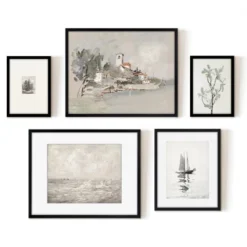 Americanflat 5 Piece Vintage Gallery Wall Art Set - Seaside Villa, Seascape In Greys, Calm Sailing, Tree Etching By Maple + Oak -Decor Vista GUEST 72bb1d77 3c22 4f3e ac9f 6f59b372fbab