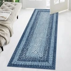 Coucheta 2x10 Runner Rug, Washable Area Rug For Living Room, Vintage Braided Print Carpet, Low Pile Non-Shedding Kitchen Rugs With Non Slip,Gray&Blue