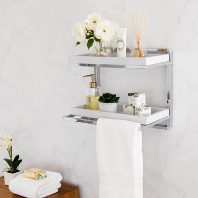 2 Tier Wall Mount Shelving Unit With Towel Rack And Trays Chrome/White - Danya B. 3 2 Tier Wall Mount Shelving Unit With Towel Rack And Trays Chrome/White - Danya B.