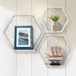 Sorbus Metal Wire Hexagon Design Wall Mounted Floating Shelves, Set Of 3 - White