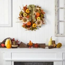 Nearly Natural 24” Fall Pumpkin, Sunflower Artificial Autumn Wreath With Decorative Ribbon -Decor Vista GUEST 8a0a59bd e39d 4b54 bbc4 eb2cfeddfe94