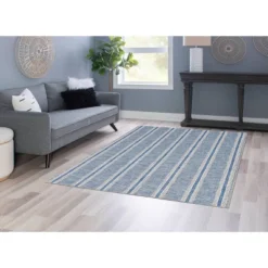 5'x7' Washable Wallen Rug Ivory/Blue: Rubber Backed, Stain-Resistant, Low Pile, Contemporary Stripe - Linon -Decor Vista GUEST 8faeb1ee 03a7 414d a560 8e6d7e8e9198