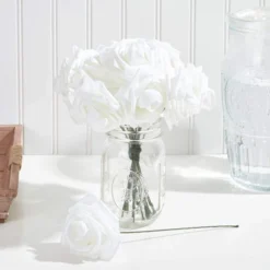 3" Artificial Rose Flowers 60pcs Real Looking Fake Rose With Stem For DIY Wedding Bouquets And Bridal Shower, White