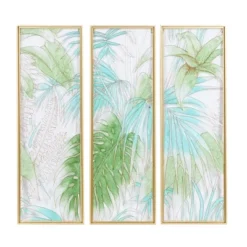 Set Of 3 Glass Leaf Tropical Wall Decors With Gold Frame Green - CosmoLiving By Cosmopolitan