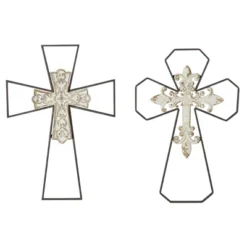 Set Of 2 Metal Cross Carved Wood Wall Decors Black - Olivia & May