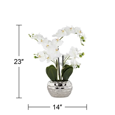 Dahlia Studios Potted Faux Artificial Flowers Realistic White Phalaenopsis Orchid In Silver Pot Home Decoration Office 23" High 5 Dahlia Studios Potted Faux Artificial Flowers Realistic White Phalaenopsis Orchid In Silver Pot Home Decoration Office 23" High - Image 3