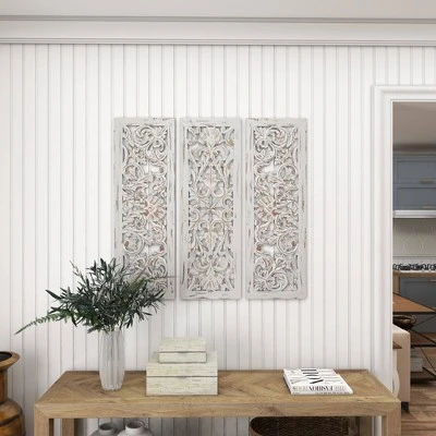 Wood Floral Handmade Intricately Carved Wall Decor Set Of 3 White - Olivia & May 8 Wood Floral Handmade Intricately Carved Wall Decor Set Of 3 White - Olivia & May - Image 6