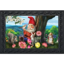 Garden Gnome Spring Doormat Birds Floral Indoor Outdoor 30" X 18" Briarwood Lane