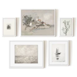 Americanflat 5 Piece Vintage Gallery Wall Art Set - Seaside Villa, Seascape In Greys, Calm Sailing, Tree Etching By Maple + Oak -Decor Vista GUEST ad10a2ed 18ed 4db5 9c88 9b39b7c0f864