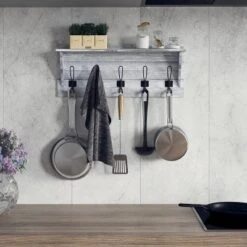 Emma And Oliver Rustic Country Wall Mounted Entryway Shelf With 5 Rustic Hooks And Wood Construction -Decor Vista GUEST ad6393df 23f3 4be1 8cad 9811f7855892