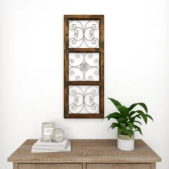 36" X 14" Wood Scroll Window Inspired Wall Decor With Metal Scrollwork Relief Brown - Olivia & May -Decor Vista GUEST ad6906a6 98d4 4c02 8c19 228620b3fea7