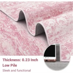 6x9 Pink Rug Machine Washable Soft Vintage Damask Distressed Boho Abstract Foldable Ultra-Thin Non-Slip Nursery Dining Room -Decor Vista GUEST b782d019 efb2 4a5a 895c 578fd504986e