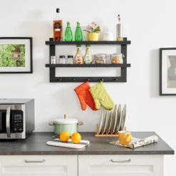 29" X 16" 2 Tier Ledge Wall Shelf Organizer With Five Hanging Hooks Black - Danya B. -Decor Vista GUEST bf17a7c3 0fca 4935 88e4 cf9478f9858d