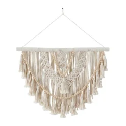 32" X 28" Cotton Macrame Handmade Intricately Weaved Wall Decor With Beaded Fringe Tassels White - Olivia & May