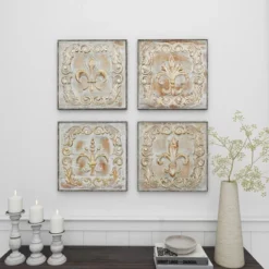 Metal Fleur De Lis Embossed Wall Decor Set Of 4 Brass - Olivia & May -Decor Vista GUEST d168fa65 4989 4c6e aa34 f6f25144e0ff