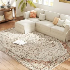 HOMCOM Area Rug 8x10, Machine Washable Rug, Non-Slip Classical Floral Print Floor Carpet For Living Room, Bedroom, Dining Room, Mixed-Brown -Decor Vista GUEST d6f58473 72ef 4696 acb6 1231c66f006c