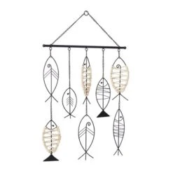 Metal Fish Indoor Outdoor Wire Wall Decor With Rattan Accent Black - Olivia & May