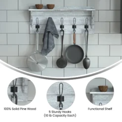 Emma And Oliver Rustic Country Wall Mounted Entryway Shelf With 5 Rustic Hooks And Wood Construction -Decor Vista GUEST dedcce16 f791 4623 95a4 5b0102b8d49d