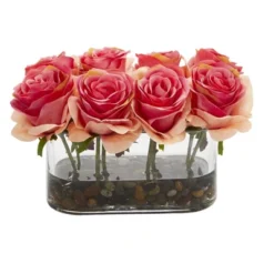 Nearly Natural 5.5-in Blooming Roses In Glass Vase Artificial Arrangement