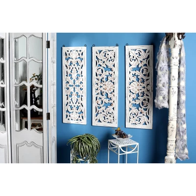 Wood Floral Handmade Intricately Carved Wall Decor Set Of 3 White - Olivia & May 3 Wood Floral Handmade Intricately Carved Wall Decor Set Of 3 White - Olivia & May