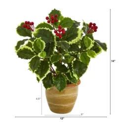 Nearly Natural 14-in Variegated Holly Leaf Artificial Plant In Ceramic Planter (Real Touch)