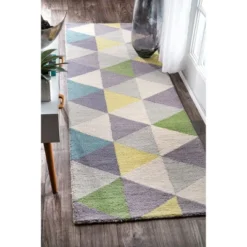 Nuloom Bianca Geometric 2x8 Wool Runner Rug For Living Room Bedroom Dining Room Entryway Hallway Kitchen, Green/Dark Purple