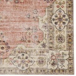 2'x8' Washable Blanton Rug Pink/Ivory - Linon: Rubber Backed, Stain-Resistant, Low Pile, Traditional Medallion Design