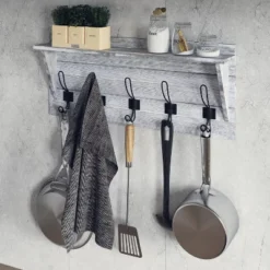 Emma And Oliver Rustic Country Wall Mounted Entryway Shelf With 5 Rustic Hooks And Wood Construction -Decor Vista GUEST fe2268c2 14c7 41ef 97e3 c6fd992e6fee